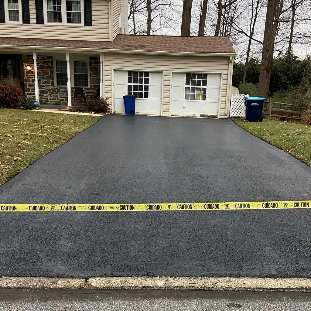 Freshly paved residential asphalt driveway in front of a two-car garage.